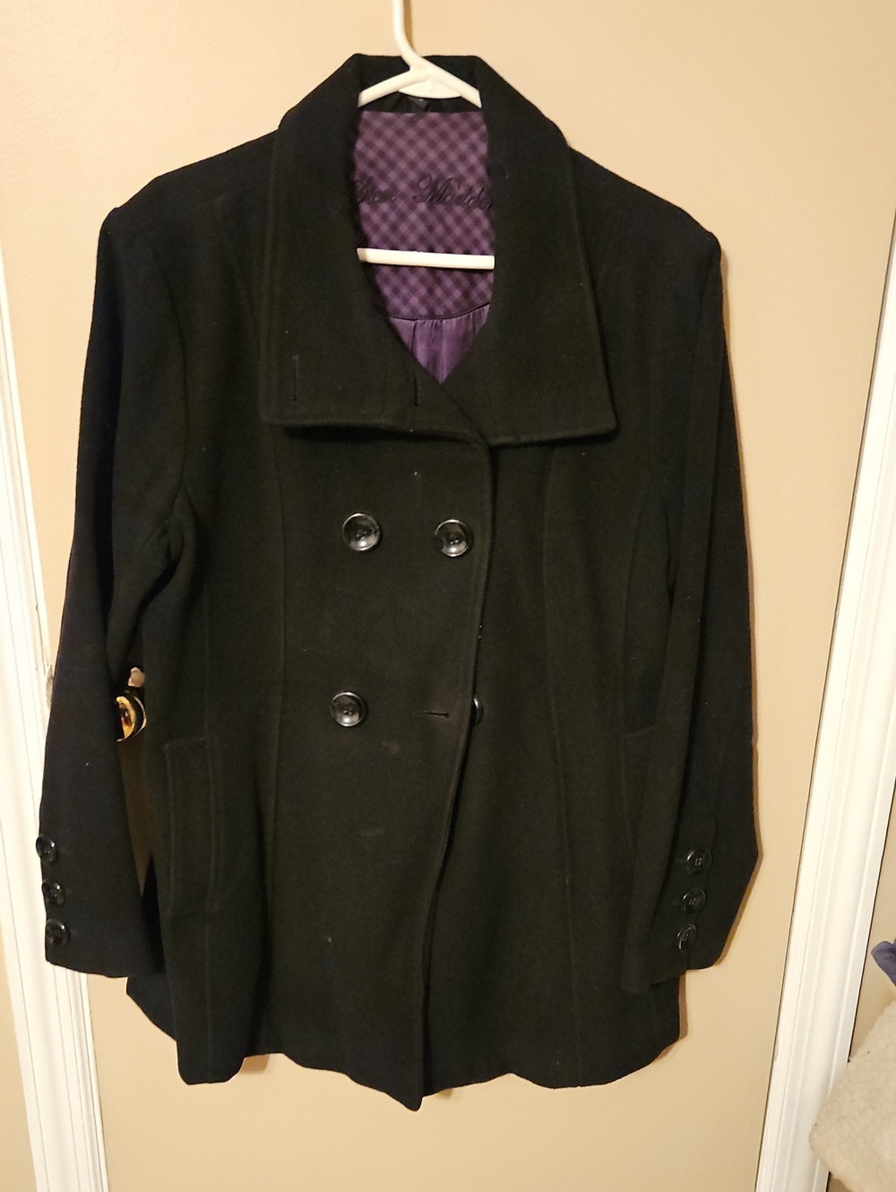 Steve Madden Black Double-Breasted Peacoat with Purple Lining